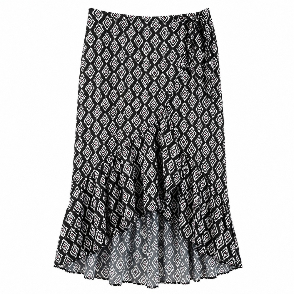 Torrid Wrap Maxi Skirt High Low Ruffle Hem Geometric Diamond Print Black White 2